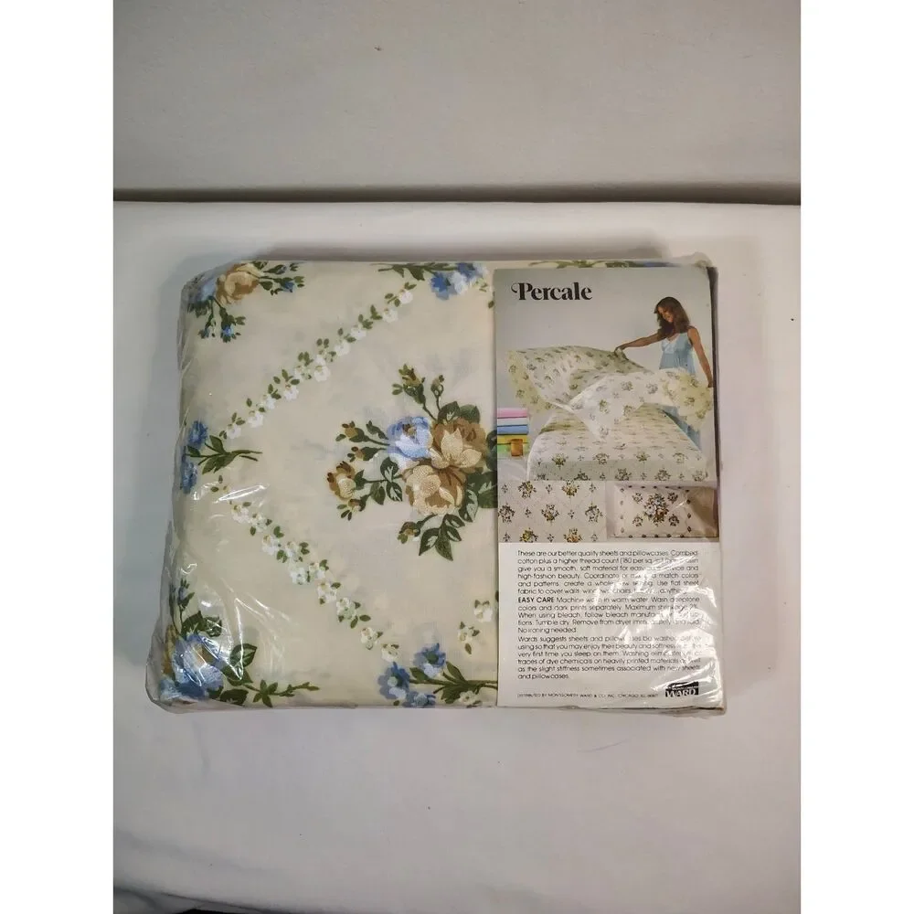 NOS Vtg Percale Eggshell Floral Fitted Sheet Full Size Montgomery Ward USA NEW